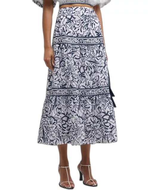 Tiered Eyelet Floral-Embroidered Midi Skirt