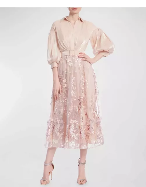 Shimmer Floral-Embroidered Midi Shirtdres