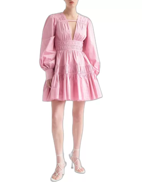 Fallingwater Ruched Cotton Blouson-Sleeve Mini Dres