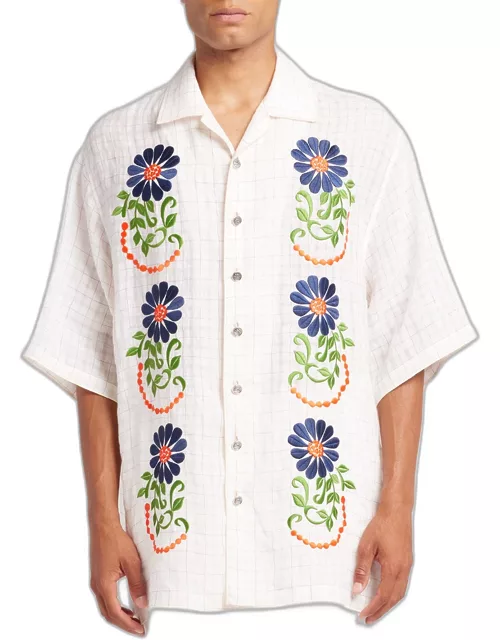 Men's Floral Embroidered Check Camp Shirt