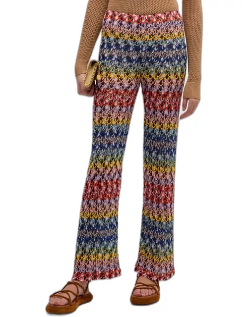 Mid-Rise Scalloped Crochet Knit Straight-Leg Trouser