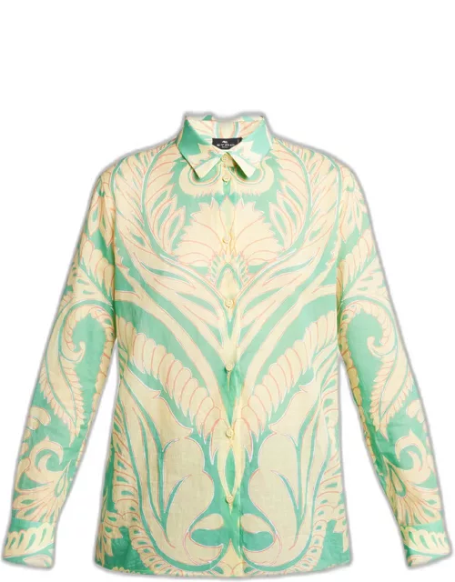 Long-Sleeve Printed Button-Front Top