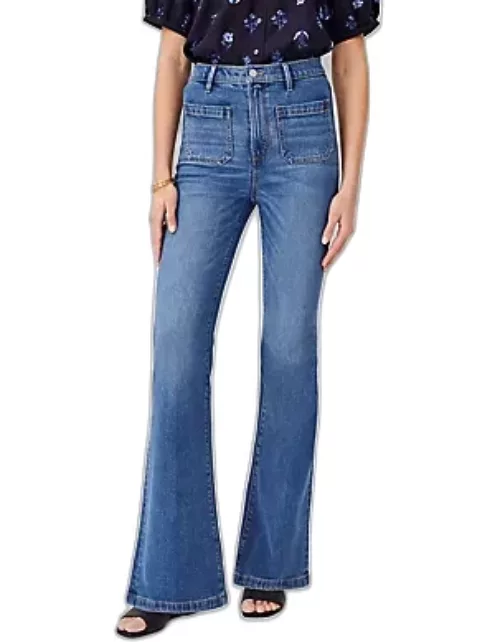 Ann Taylor High Rise Patch Pocket Flare Jeans in Bright Medium Stone Wash