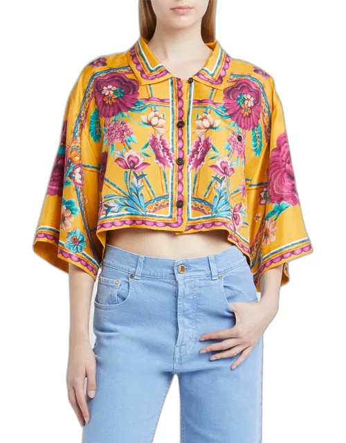 Sunset Floral Place-Print Crop Silk Shirt