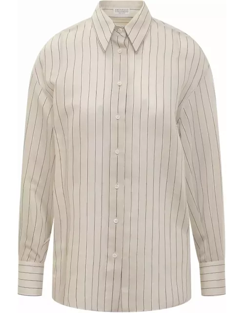 Brunello Cucinelli Cotton And Silk Sparkling Stripe Poplin Shirt With Monile