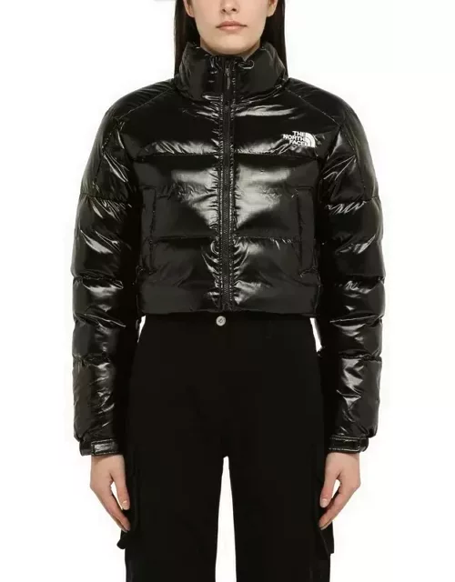 Glossy black cropped nylon down jacket