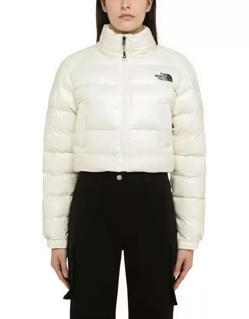 Glossy white cropped nylon down jacket