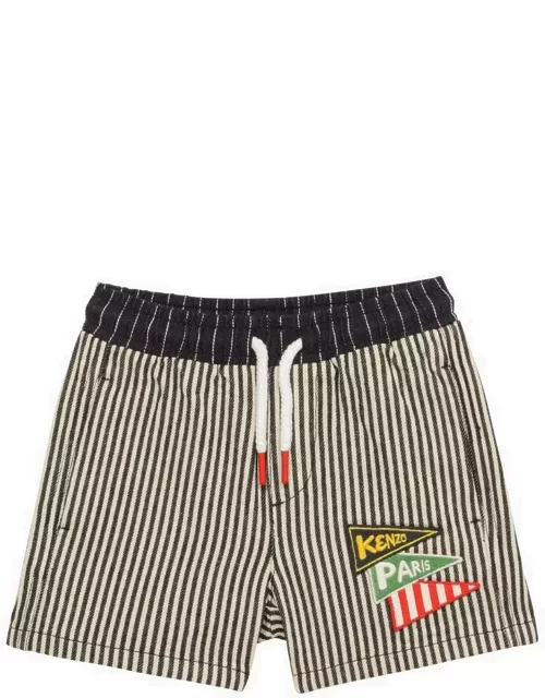 Navy blue striped cotton shorts with logo patch