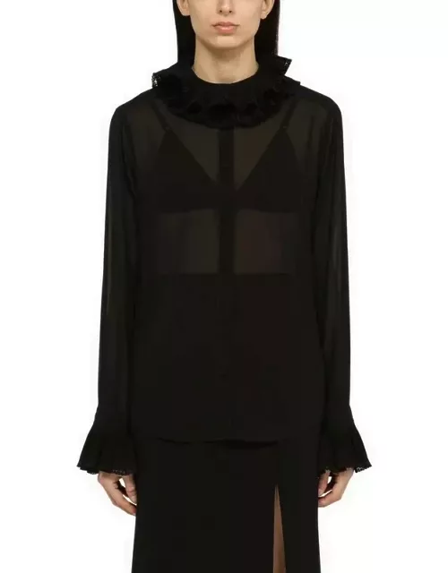 Black silk blend shirt with pleated collar and cuff