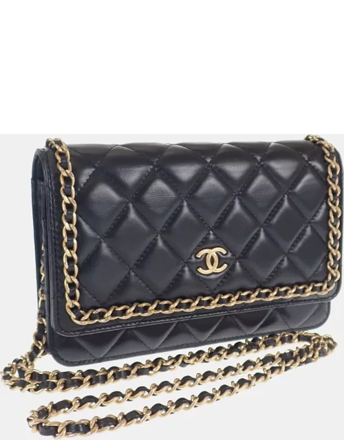 Chanel Black Leather CC Quilted Chain Around Wallet On Chain