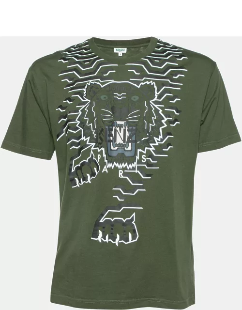 Kenzo Dark Green Geometric Tiger Print Crew Neck T-Shirt