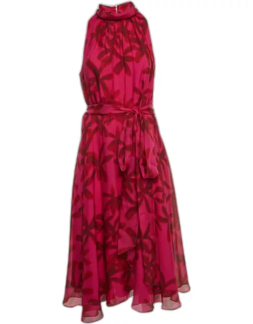 CH Carolina Herrera Pink Floral Print Silk Waist Tie-Up Midi Dress