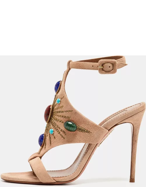 Aquazzura Beige Suede Embroidered and Studded T-Bar Ankle Strap Sandal
