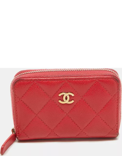 Chanel Red Quilted Caviar Leather Zip Around Coin Purse