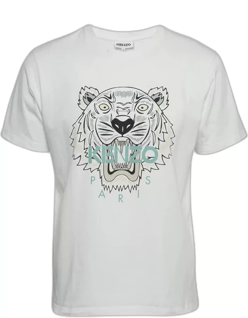 Kenzo White Logo Print Cotton Knit Crew Neck T-Shirt