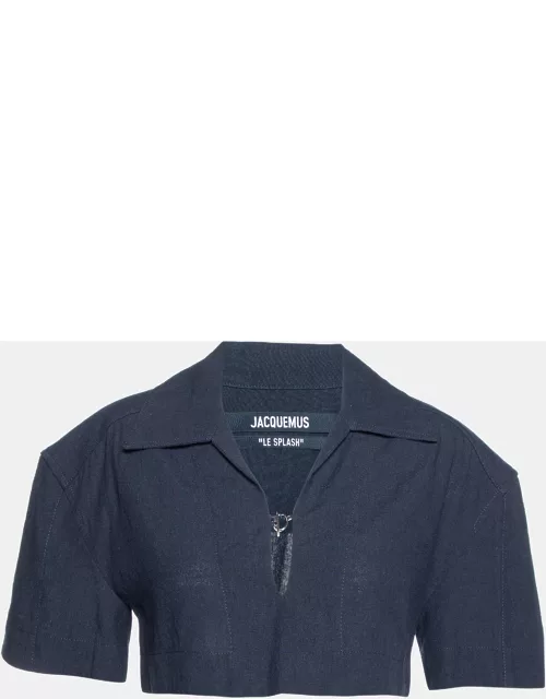 Jacquemus Navy Blue Linen & Cotton Le Haut Bebi Crop Top
