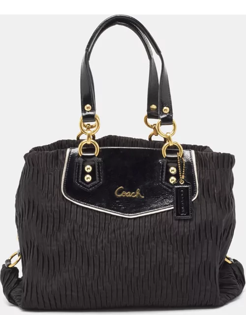 Coach Black Pleated Satin and Patent Leather Ashley Tote