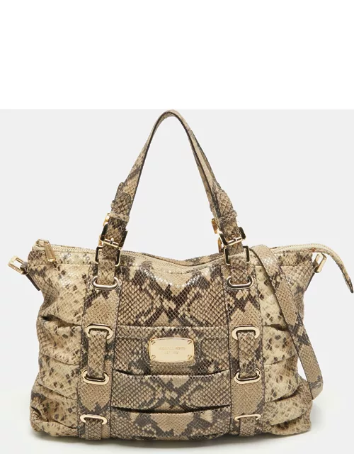 Michael Kors Black/Cream Python Embossed Leather Large Rouched Gansevoort Tote