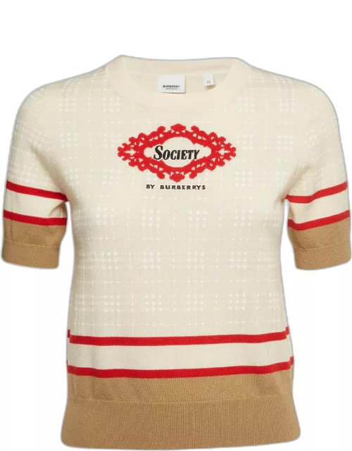 Burberry Cream Embroidered Wool Knit Crew Neck Top