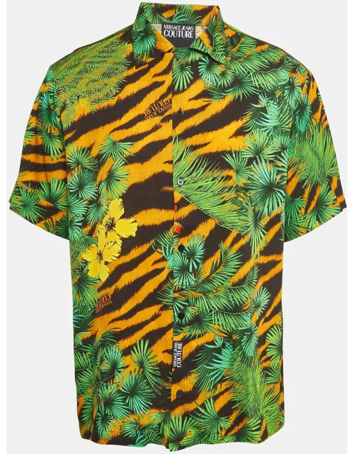 Versace Jeans Couture Green Jungle Print Crepe Short Sleeve Shirt