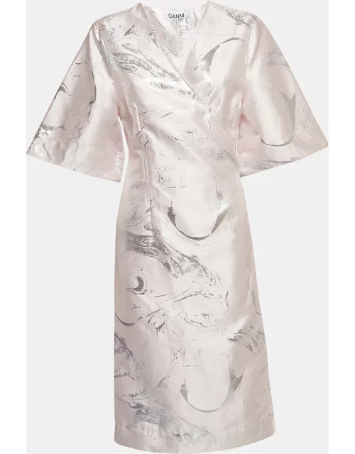 Ganni Pink/Metallic Silver Brocade Midi Wrap Dress