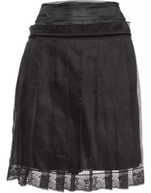 D & G Black Lace and Velvet Trim Silk Pleated Mini Skirt