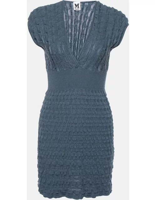 M Missoni Slate Blue Wool Textured Knit V-Neck Dress
