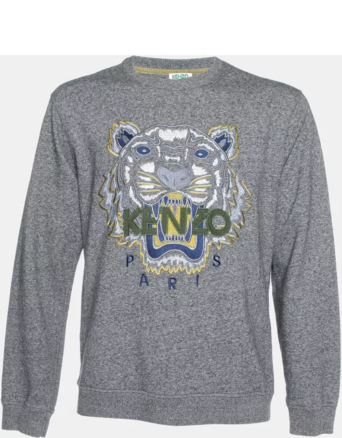 Kenzo Grey Tiger Embroidered Melange Cotton Crew Neck Sweatshirt