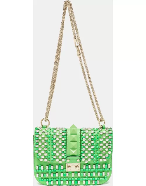 Valentino Neon Green Leather Small Glam Lock Crystals Flap Bag