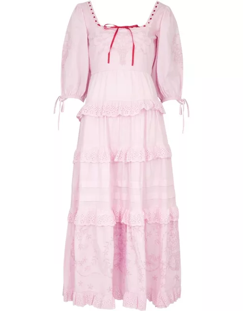 Damson Madder Rebecca Embroidered Cotton Midi Dress - Pink - 12 (UK12 / M)