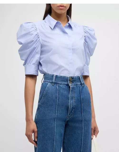 Pinstripe Ruched Puff-Sleeve Shirt