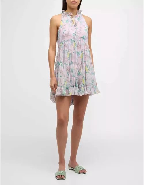 Light Washed Floral Walker Tiered Sleeveless Mini Dres