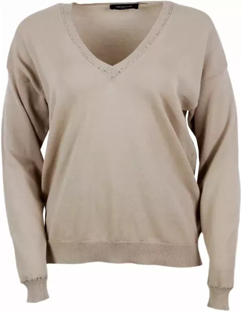 Fabiana Filippi Long-sleeved V-neck Sweater In Fine Cotton Embellished With Brilliant Applied Microsequin