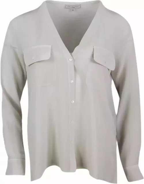 Antonelli Shirt Made Of Soft Stretch Silk, With V-neck, Chest Pockets And Button Closure