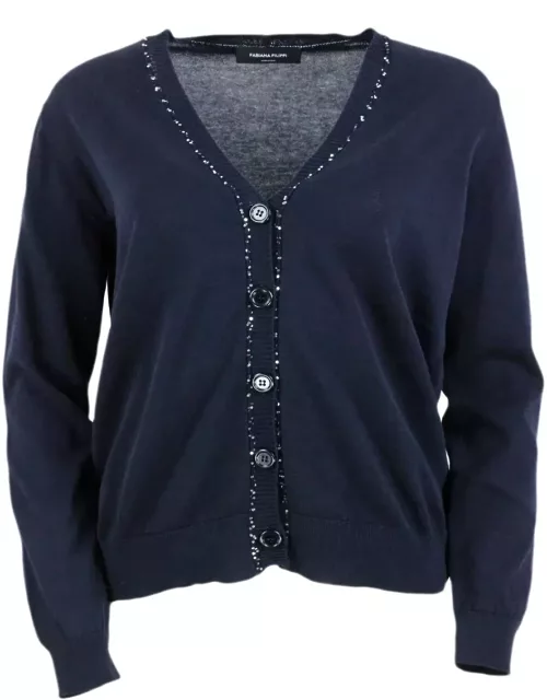 Fabiana Filippi Long-sleeved Cardigan Sweater With Buttons In Fine Cotton Embellished With Brilliant Applied Micro-sequin