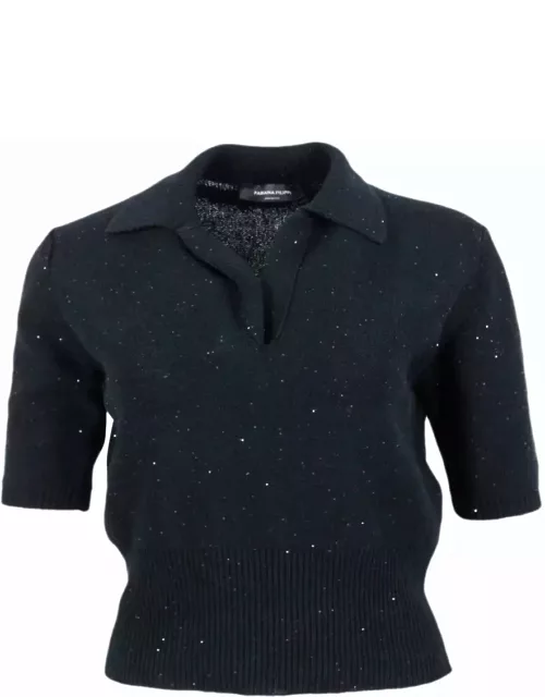 Fabiana Filippi Short-sleeved Polo Shirt In Cotton And Linen, Embellished With Brilliant Applied Micro-sequin