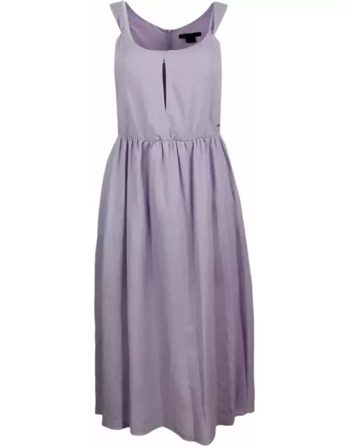 Armani Collezioni Sleeveless Dress Made Of Linen Blend With Elastic Gathering At The Waist. Welt Pocket