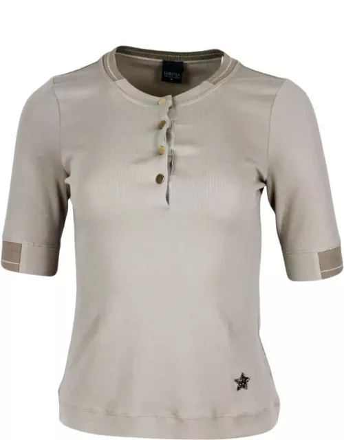 Lorena Antoniazzi Short-sleeved Ribbed Crew-neck Cotton T-shirt With Button Closure And Swarosky Star