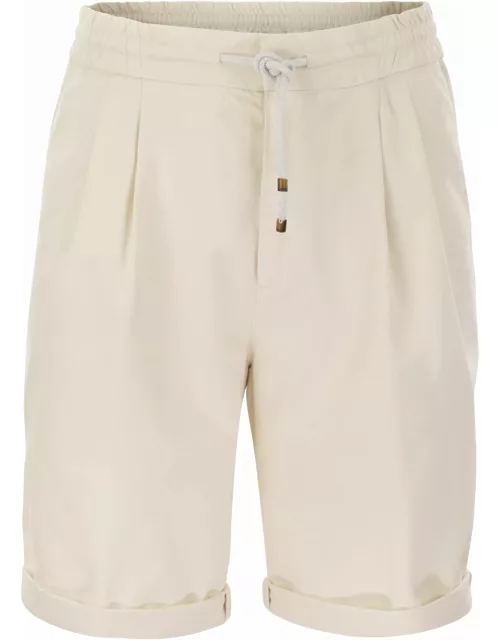 Brunello Cucinelli Bermuda Shorts In Garment-dyed Cotton Gabardine With Drawstring And Double Dart