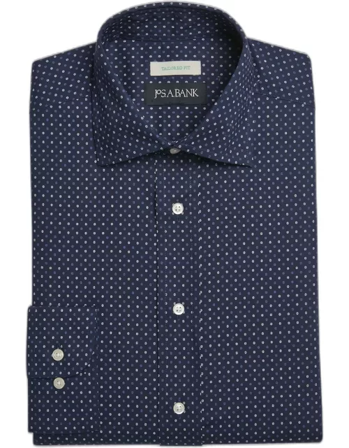 JoS. A. Bank Men's Tailored Fit Spread Collar Geo Dress Shirt, Navy, 17 34