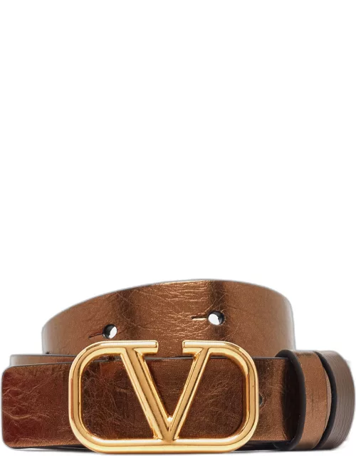 Valentino Metallic/Brown Leather Reversible Narrow V Logo Belt 85C