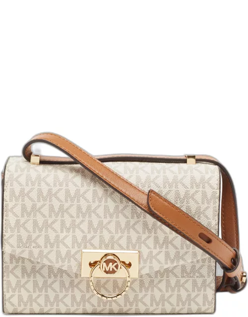 Michael Kors White/Brown Signature Coated Canvas and Leather XS Hendrix Crossbody Bag