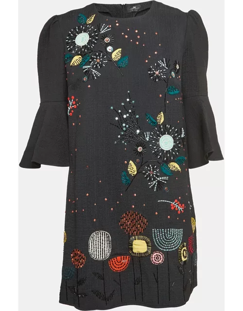 Elisabetta Franchi Black Sequin and Beads Embellished Crepe Bell Sleeve Mini Dress