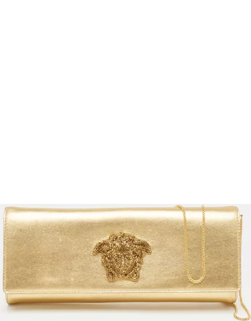 Versace Gold Leather Medusa Icon Crystals Chain Clutch