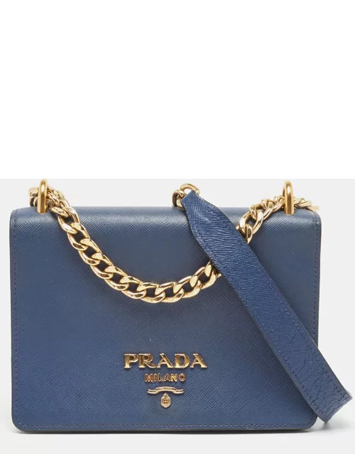 Prada Blue Saffiano and Soft Leather Chain Flap Shoulder Bag
