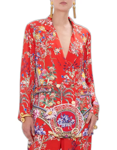 Flared-Sleeve Double-Breasted Floral Silk Jacket