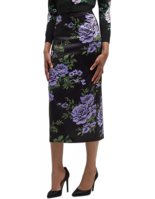 Floral-Print Satin Midi Pencil Skirt