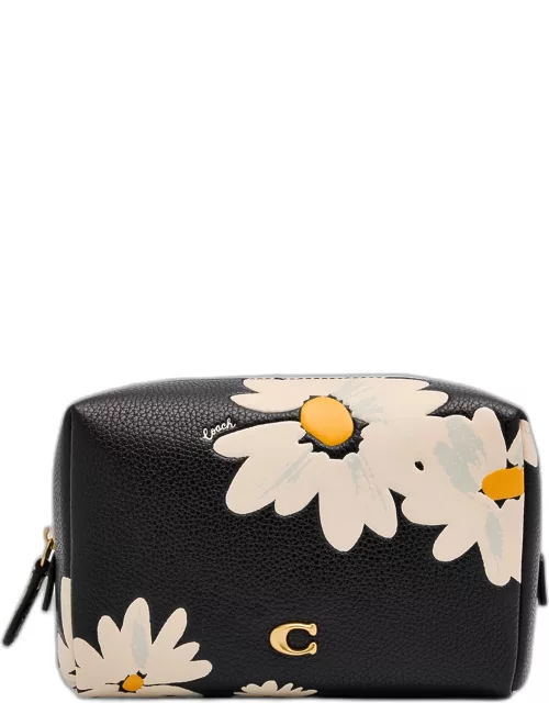 Floral-Print Leather Cosmetic Pouch Bag