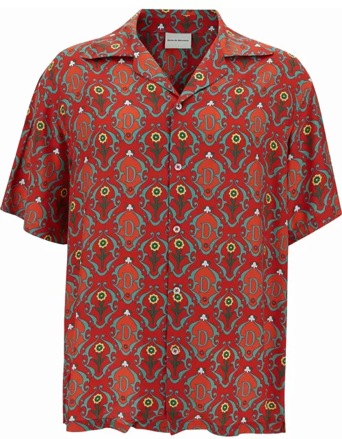Drôle de Monsieur Red Bowling Shirt With Ornements Print In Satin Man