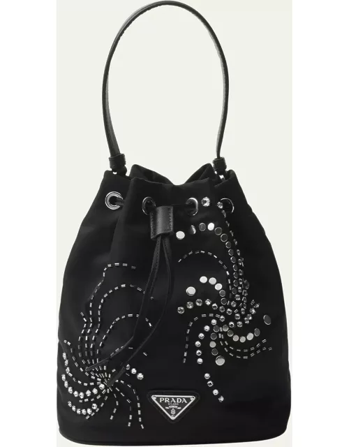Embellished Drawstring Nylon Bucket Bag